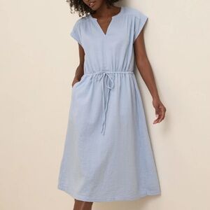 Organic Cotton Coastal Double Gauze Tie Waist Midi Dress, Cornflower Blue, S
